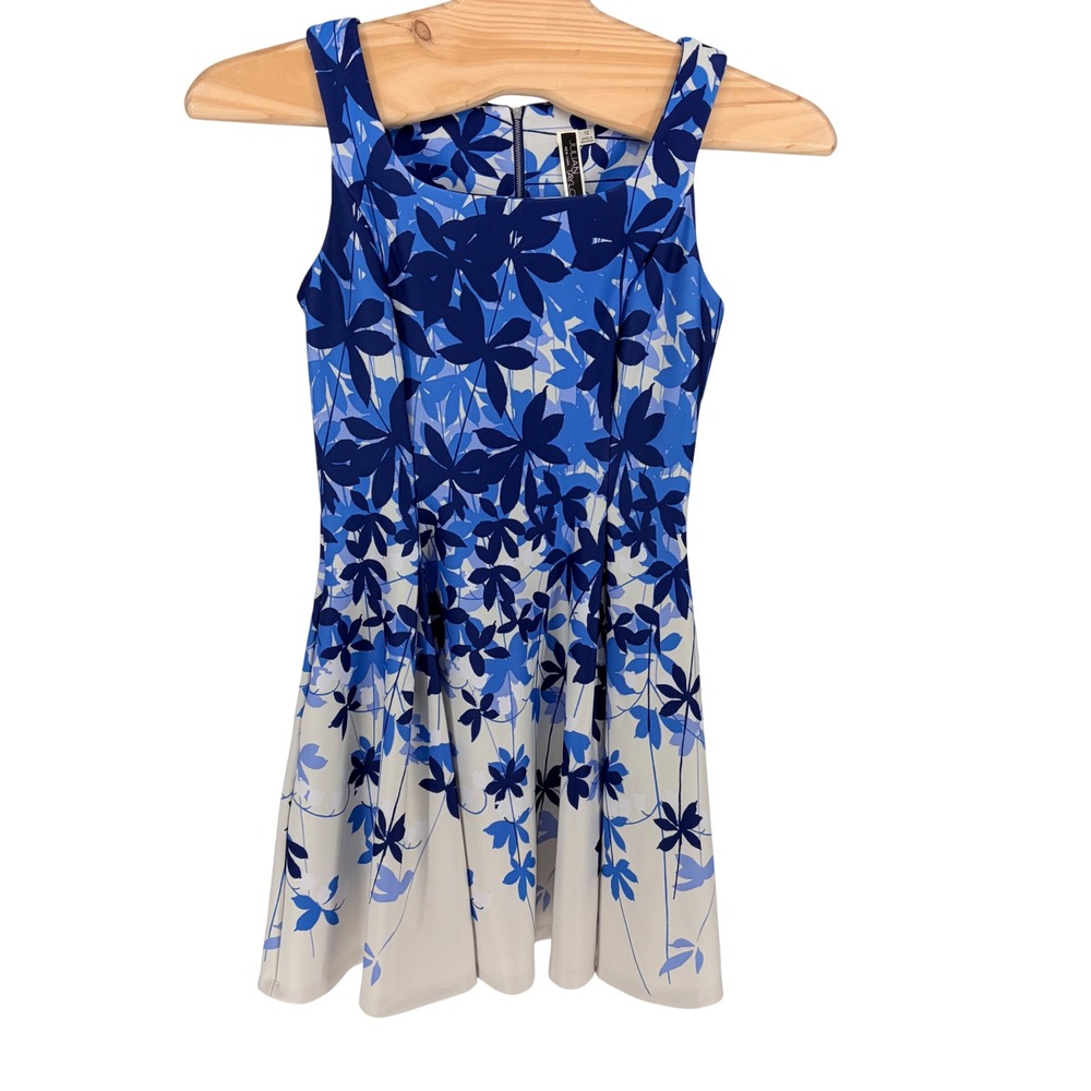 Julian Taylor Floral Fit & Flare Dress 12 Blue White Square Neck Pockets Ombre
